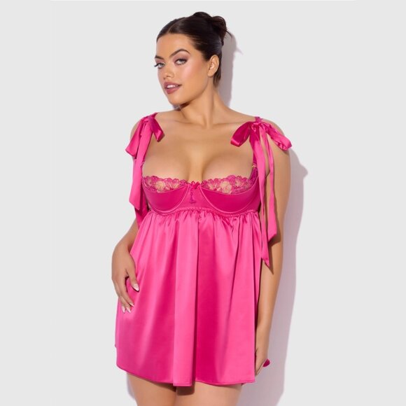 House of Desire Brigeta Pink Satin Open Cup Babydoll and G-String Lingerie Set - Picture 3 of 7